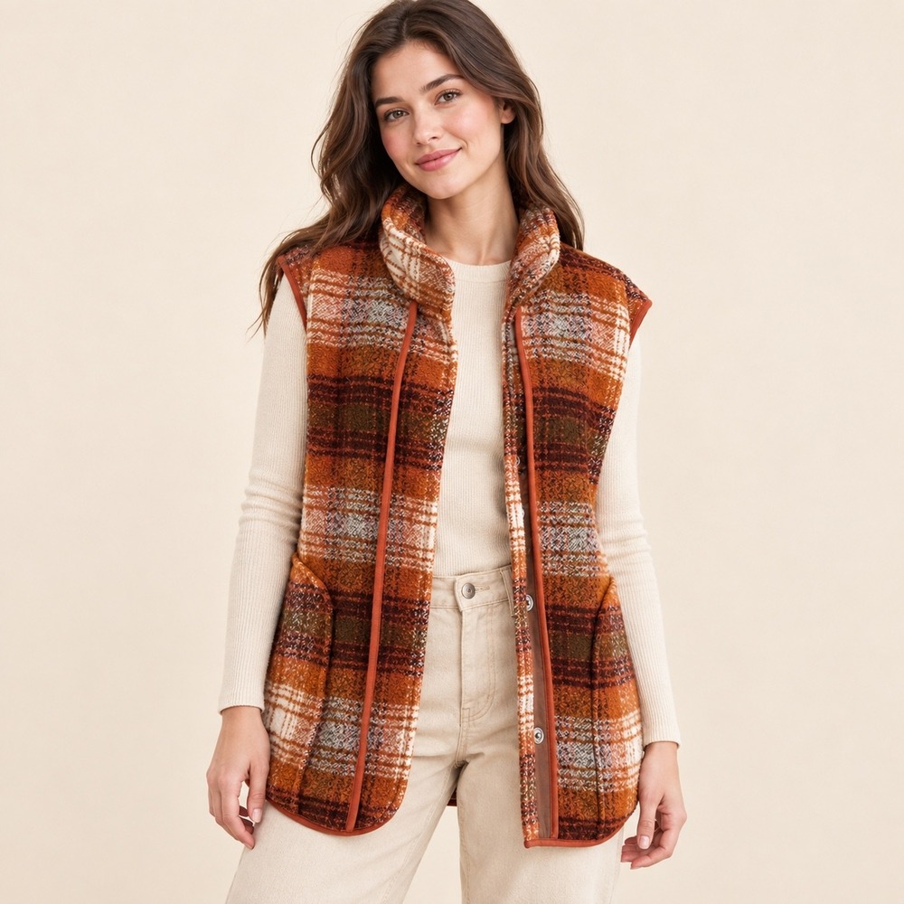 We The Free People Wrapped Up Blanket Vest Size Large Plaid Wool Blend Orange